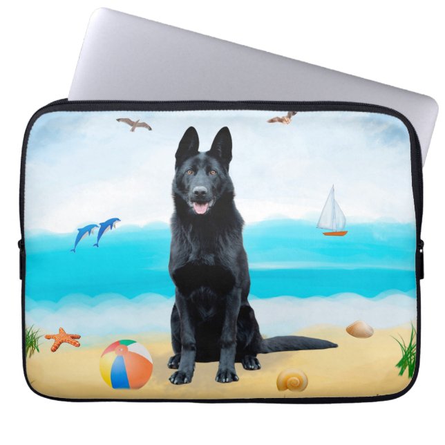 Capa Para Notebook Cachorro German shepherd Negro na praia (Frente)