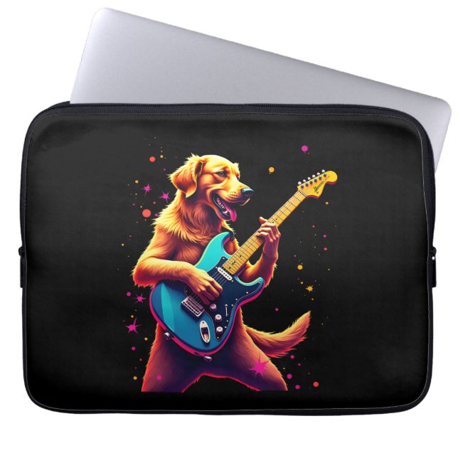 Capa Para Notebook Cachorro Golden Retriever Tocando Violão Elétrico  (Frente)