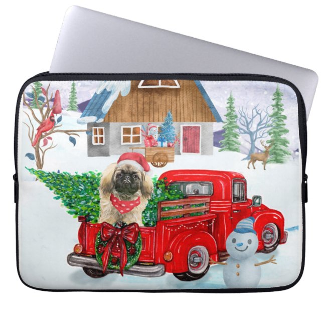Capa Para Notebook Cachorro Pekingês Na Neve Dos Caminhões De Natal (Frente)