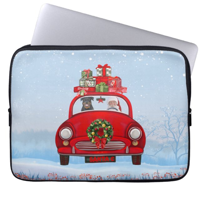 Capa Para Notebook Cachorro Rottweiler No Carro Com Papai Noel (Frente)