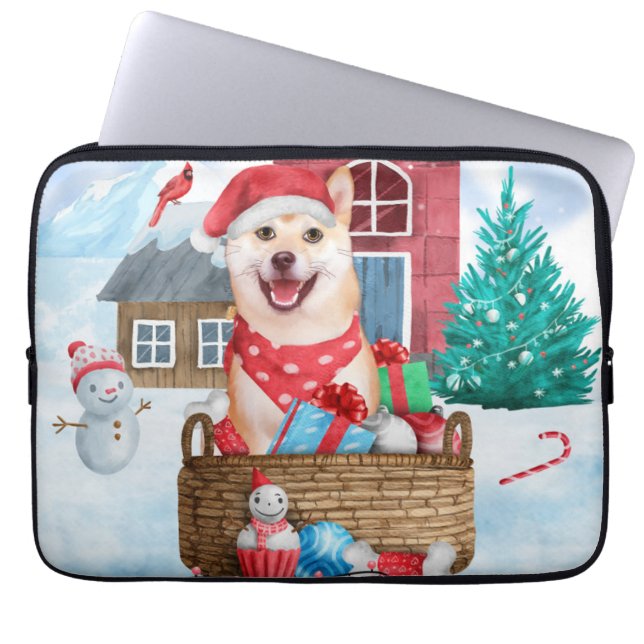 Capa Para Notebook Cachorro Shiba Inu Na Casa Dos Cachorros De Natal  (Frente)