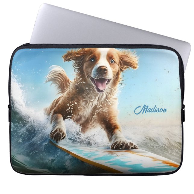 Capa Para Notebook Cachorro Surfista Nome Personalizado (Frente)