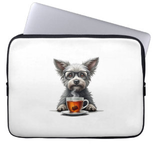 Capa Para Notebook Cachorro Vintage Segurando Chá com Óculos Pet Retr