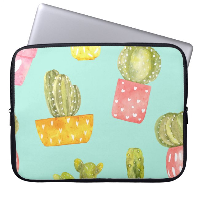 Capa Para Notebook Cactos picantes em potes, padrão de aquarela. (Frente)