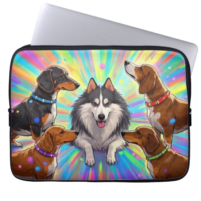 Capa Para Notebook Cães Cachorros com fundo arco-íris (Frente)