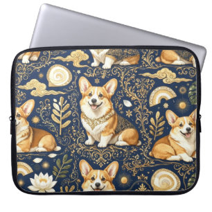 Capa Para Notebook Cães Corgi Elevados Dourado Damask Azul-Marinho Pa