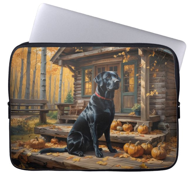 Capa Para Notebook Café preto Labrador Retriever Log Cabine (Frente)