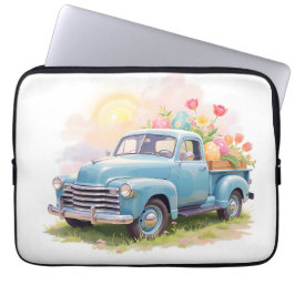 Capa Para Notebook Caminhão Azul Vintage com Ovos de Páscoa & Tulipas