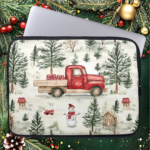 Capa Para Notebook Caminhão Vermelho com presentes e boneco de neve