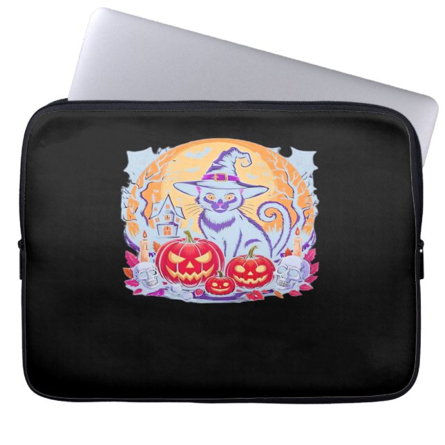 Capa Para Notebook Camiseta Clássica Ghost Pumpkin Gato do Halloween (Frente)