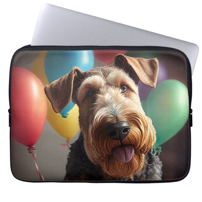 Capa Para Notebook Cão Airedale com bolo e balões (Frente)
