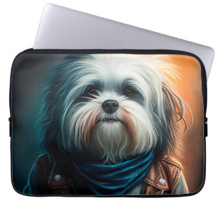 Capa Para Notebook Cão do Havanês na pintura digital de bicicleta