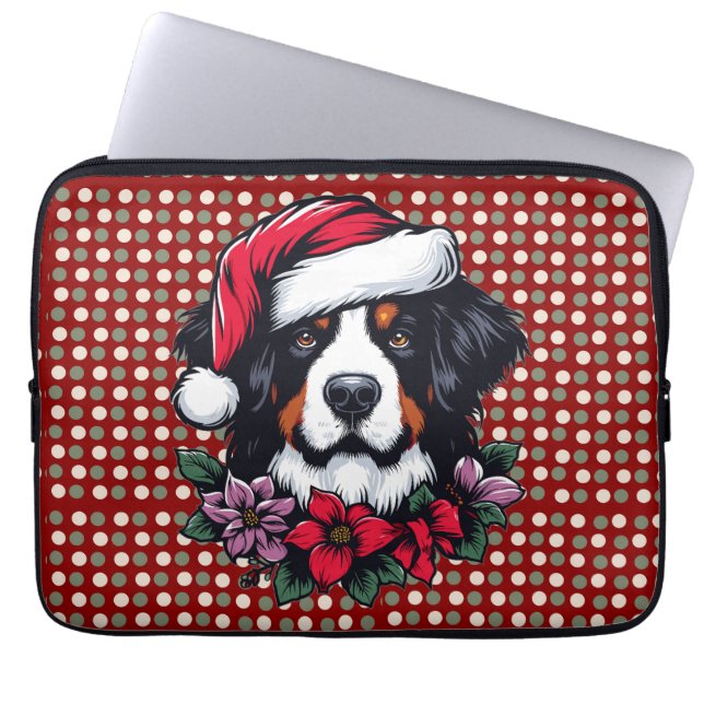 Capa Para Notebook Cão Festivo Bernês com Santa Hat e Florais (Frente)