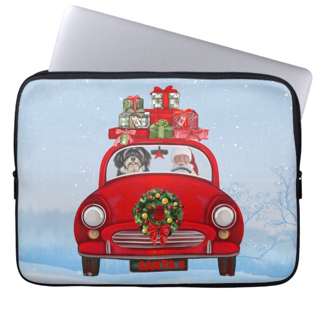 Capa Para Notebook Cão Havanês No Carro Com Papai Noel (Frente)