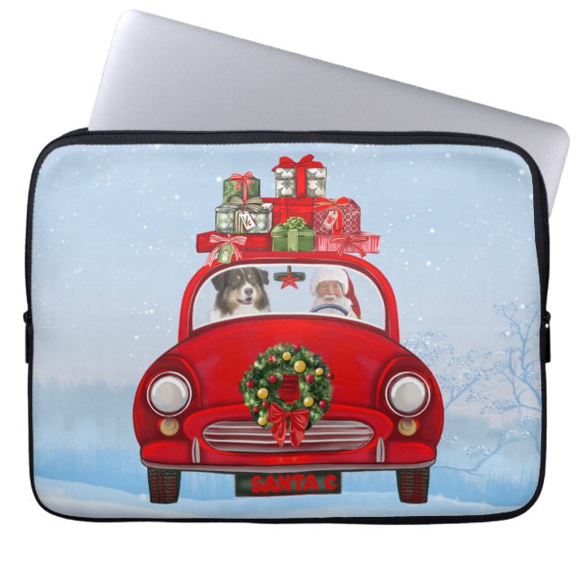 Capa Para Notebook Cão pastor australiano no carro com Papai Noel  (Frente)