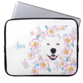 Capa Para Notebook Cão Samoyed e flores cor-de-rosa, nome personaliza