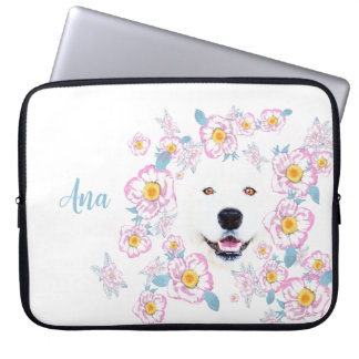 Capa Para Notebook Cão Samoyed e flores cor-de-rosa, nome personaliza
