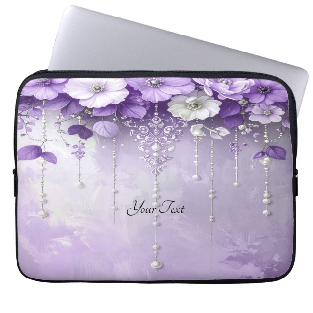 Capa Para Notebook Capas de Laptop com Flores Roxas e Pérolas Pendura (Frente)