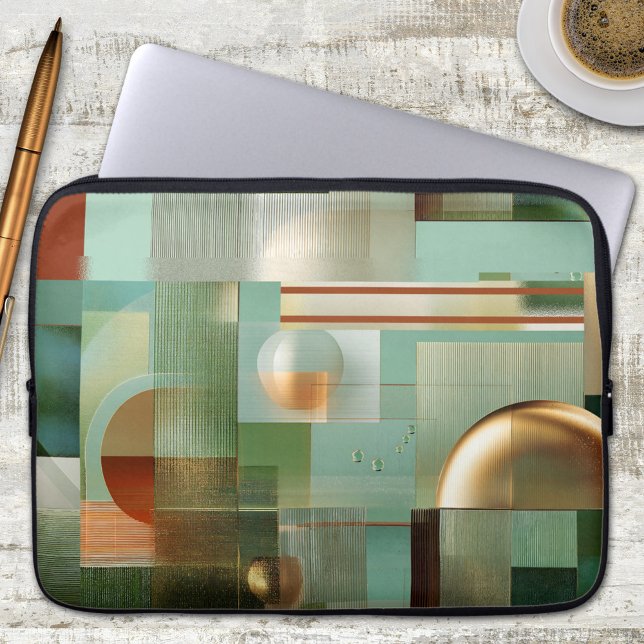 Capa Para Notebook Capinha de Laptop Bauhaus Verde Dourado Abstrato (Laptop sleeve featuring a modern abstract Bauhaus style design in green, teal and gold)