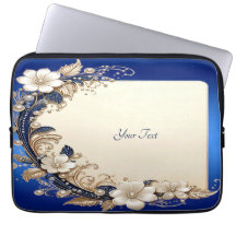 Capinha de Laptop com Enfeite Floral Azul Branco