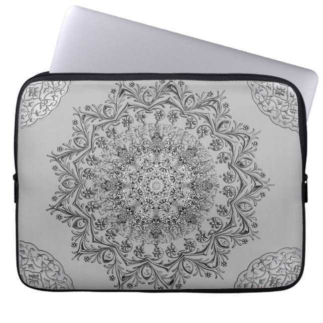Capa Para Notebook Capinha de Laptop com Padrão Mandala Prateado Eleg (Frente)