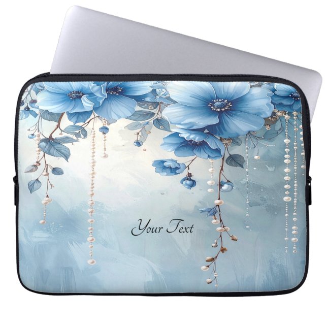 Capa Para Notebook Capinha de Laptop Flores Azuis e Pérolas (Frente)