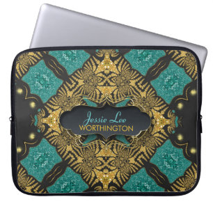 Capa Para Notebook Capinha de Laptop Tribal Árabe Teal & Preto Dourad