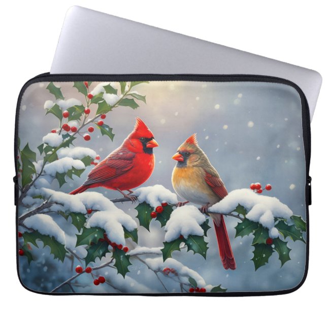 Capa Para Notebook Cardeais vermelhos e Holly na neve (Frente)