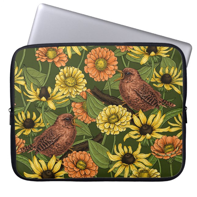 Capa Para Notebook Carriças e flores em verde (Frente)
