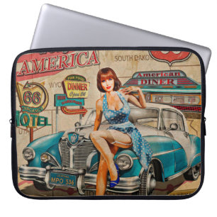 Capa Para Notebook Carro viagem através do poster vintage americano.