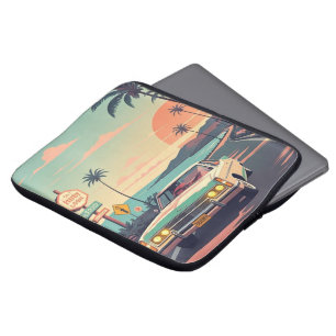 Capa Para Notebook Carro vintage retrorreflector na estrada de praia