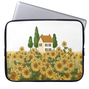 Capa Para Notebook Casa, árvores altas e um campo de girassóis no