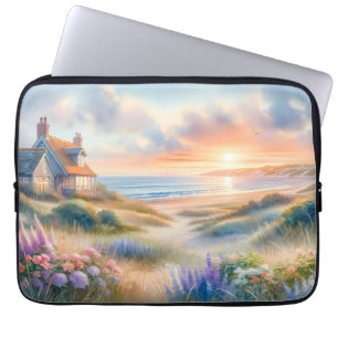 Capa Para Notebook Casa de Praia ao Pôr do Sol Dunas Aquarela