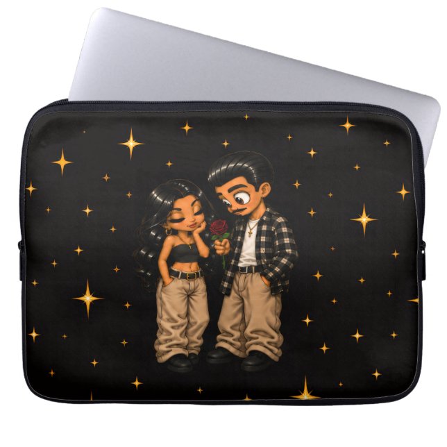 Capa Para Notebook Casal de Amor Chicano Rosa Vermelha & Estrelas Dou (Frente)
