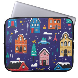 Capa Para Notebook Casas De Natal: Ilustração Vintage Plana.