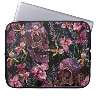 Capa Para Notebook Casca humana bordados e flores cor-de-rosa-orquíd