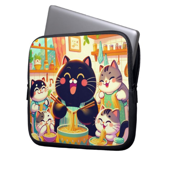 Capa Para Notebook Cat eating Noodles soup and friends (Frente Esquerda)