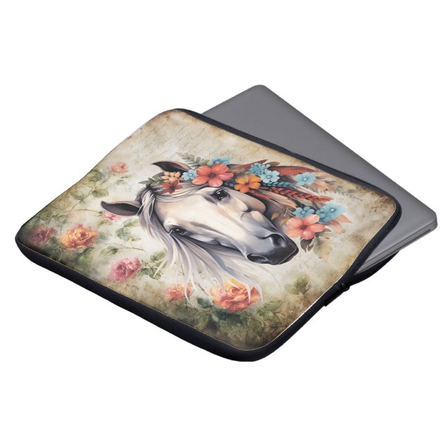 Capa Para Notebook Cavalo branco em flores. (Frente Topo)