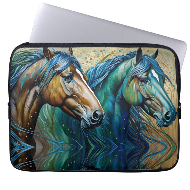 Capa Para Notebook Cavalos Azul Teal, castanho (Frente)