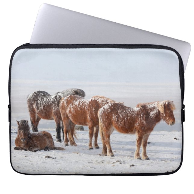 Capa Para Notebook Cavalos Islandeses Cobrados por Neve (Frente)