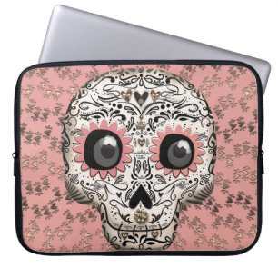 Capa Para Notebook Caveira de Açúcar Rosa e Dourada & Corações Capric