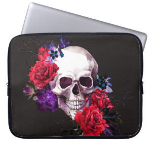Capa Para Notebook Caveira & Rosas: Aquarela Floral Escura.