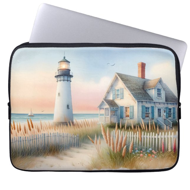 Capa Para Notebook Cena aquarela da cabana e farol à beira-mar (Frente)