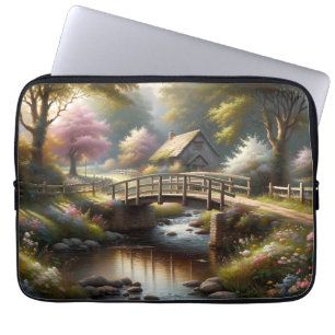 Capa Para Notebook Cena de Cabana Cottagecore de Primavera na Ponte