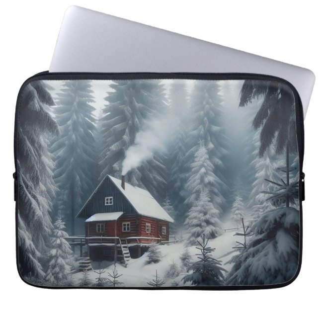 Capa Para Notebook Cena de Cabana de Inverno com Neve e Pinheiros (Frente)