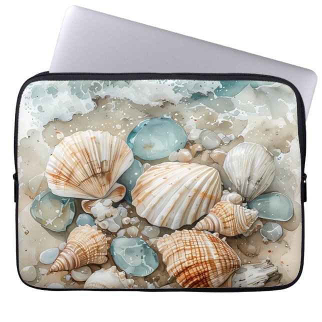 Capa Para Notebook Cena de Madeira Flutuante em Aquarela de Mariscos  (Frente)