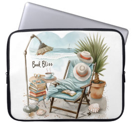 CAPA PARA NOTEBOOK CENA DE PRAIA TRANQUILA COM LIVROS CADEIRA COBERTO