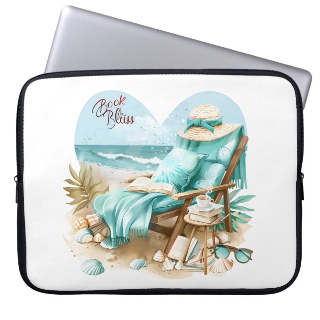 CAPA PARA NOTEBOOK CENA DE PRAIA TRANQUILA COM LIVROS CADEIRA COBERTO (Frente)