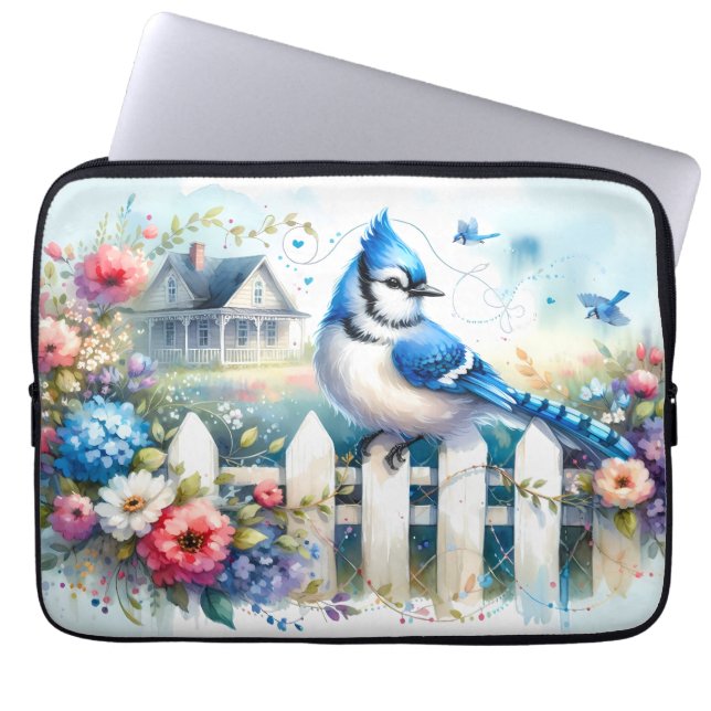 Capa Para Notebook Cena do Jardim da Casa com Cerca Azul (Frente)