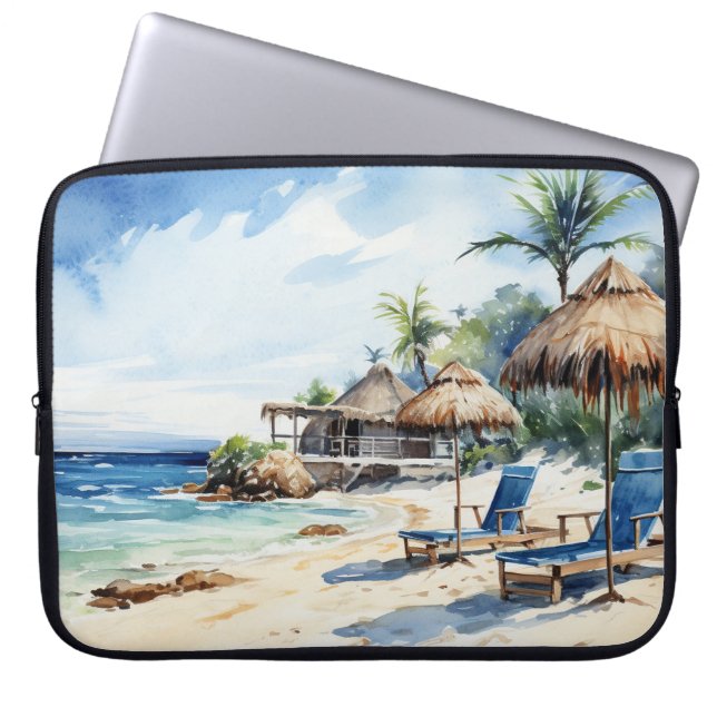 Capa Para Notebook CENA LATERAL DE PRAIA TROPICAL EM Aquarela (Frente)